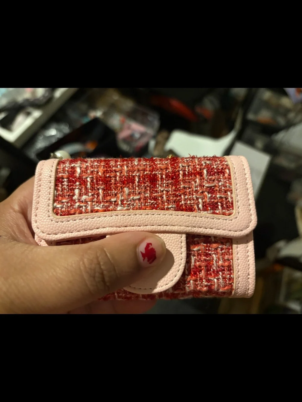 Pink and Red Tweed Compact Wallet/ Coin Purse With Pearl Strap